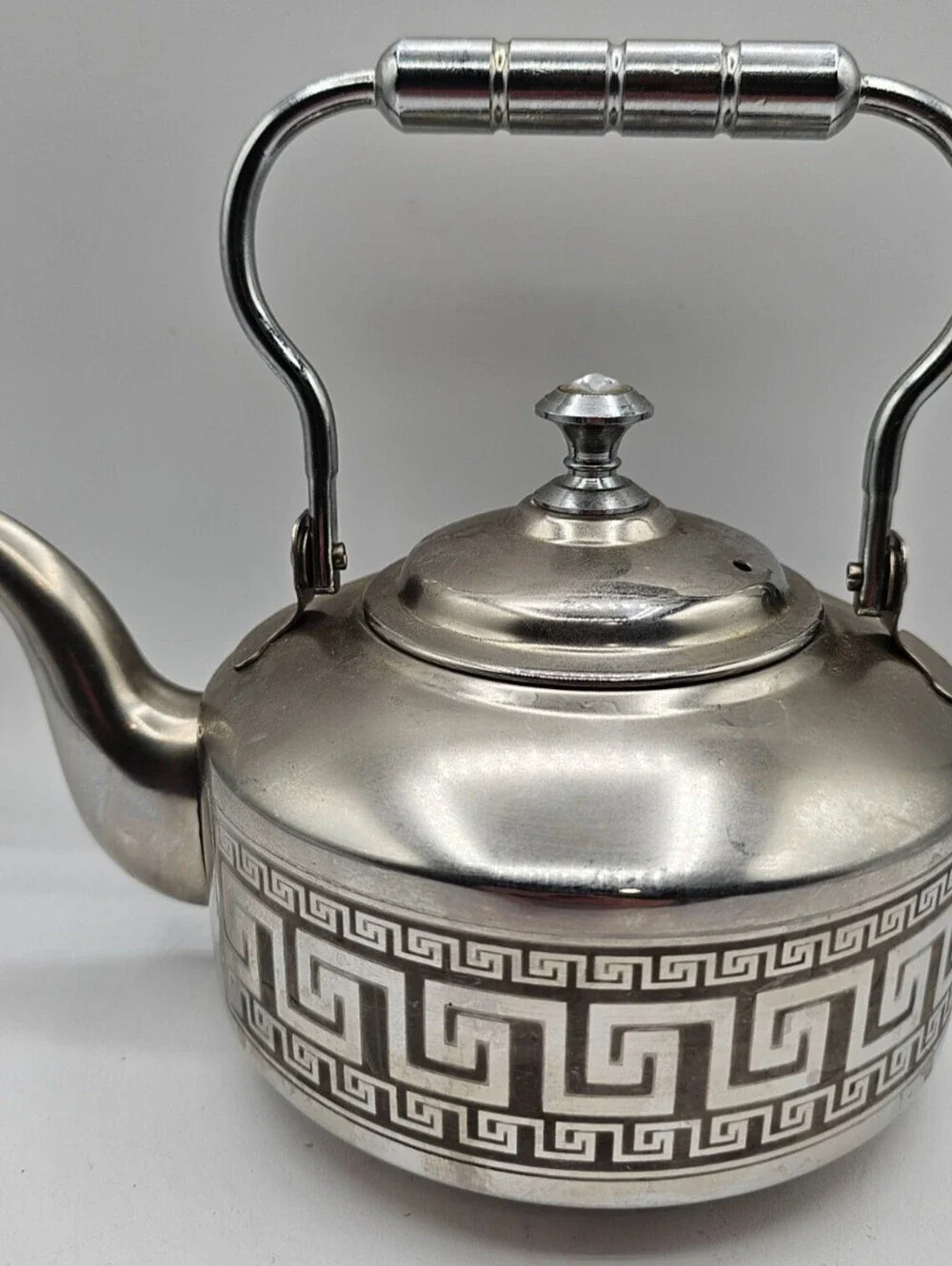 Vintage EMS 18/8 Stainless Steel Tea Kettle - Etched Greek Key Design - Retro